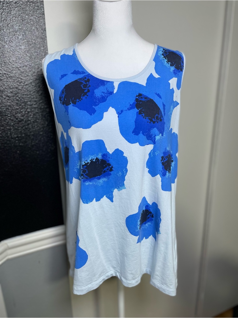 Lands' End White Tank with Bold Blue Floral Print